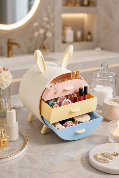 İndecor Houseware Tavşan Kulaklı Makyaj ve Takı Organizeri 3 Çekmeceli Masaüstü Kozmetik Düzenleyici Pastel Renkli Makyaj Organizeri
