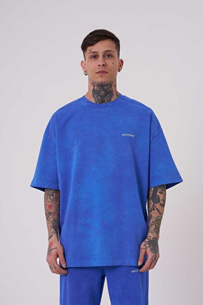 Machinist Tricou oversize de bază lavabil pentru bărbați, cu efect albastru d...