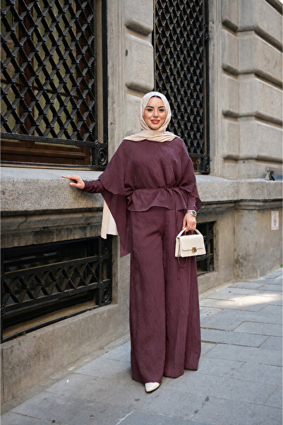 LOCCO Women's Detailed Belted Suit Burgundy