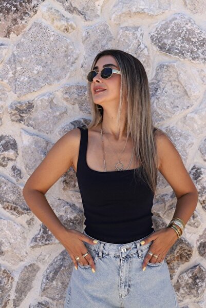 bytugcekaya Navy Blue Square Collar Ribbed Athlete Top