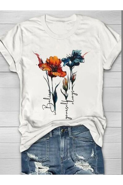 COZYWEAR Floral Printed White Oversize T-Shirt