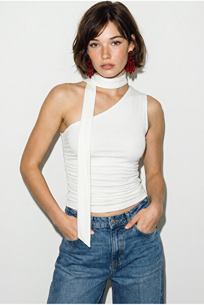 Bianco Lucci Women's Halter Neck Belted One-Shoulder Gathered Detailed Blouse...