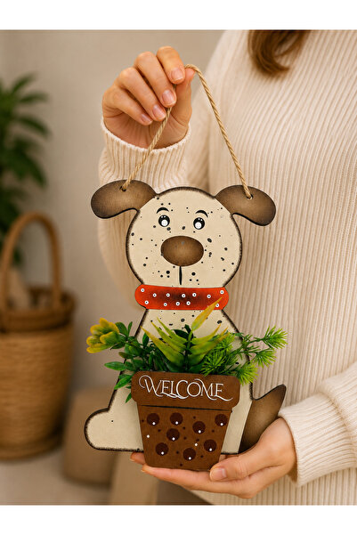 rosfloa rf Dog Figured Welcome Door Ornament with Artificial Flowers Wooden D...