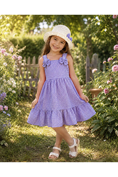 tinytrends Set rochie de vară cu bretele și model Gingham pentru fete și pălă...