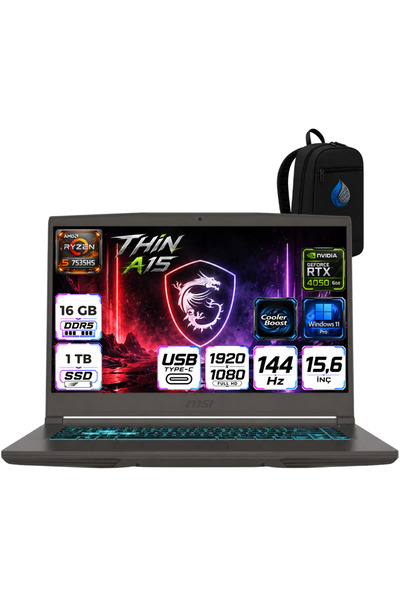 MSI NB THIN A15 RYZEN 5 7535HS 16 GB DDR5 1 TB SSD 6GB RTX4050 15.6 FHD 144Hz...