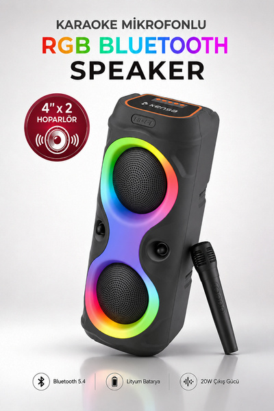 Kensa Taşınabilir Mikrofonlu 20W LED Işıklı Bluetooth Karaoke Hoparlör Seti
