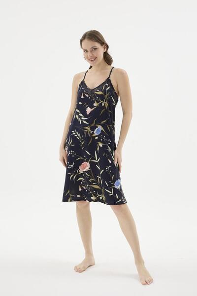Sevim Women's Thin Strap Tulle Detailed Floral Patterned Navy Blue Nightgown ...