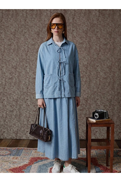 Modanurseda Sada Kadın Denim Kot Fiyonk Bağlamalı Ceket Etekli Takım Tesettür...