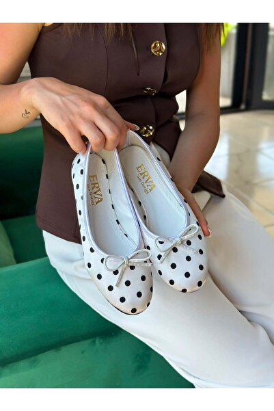ERVANIN BUTİĞİ White Polka Dot Satin (India) Bow Detail Women's Ballerinas