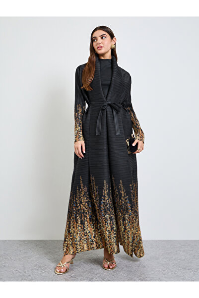Take Two By Styli Printed Textured Pleated Open Front Abaya