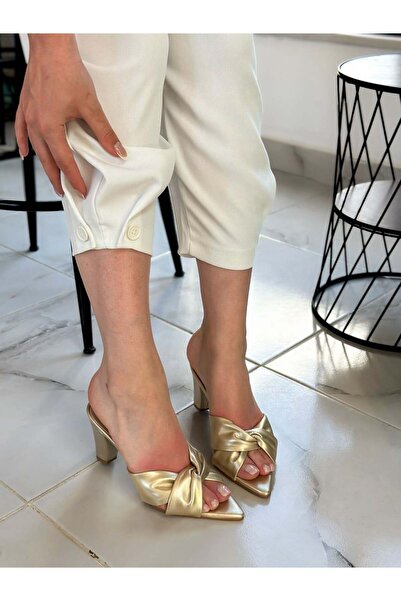 ERVANIN BUTİĞİ Gold Skin (Fesely) Knot Detail Women's Slippers