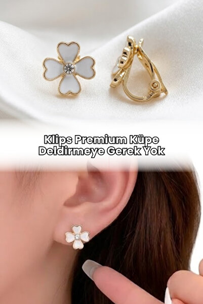 Elifsu Jewelry Klipsli Deliksiz Küpe Yonca Tasarımlı Zirkon Taşlı Kulağı Deli...