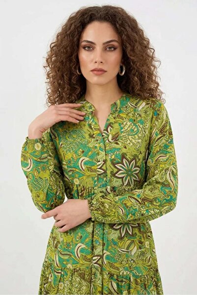 ALFA AKSESUAR 03 Women's High Collar Gathered Waist Patterned Viscose Green H...
