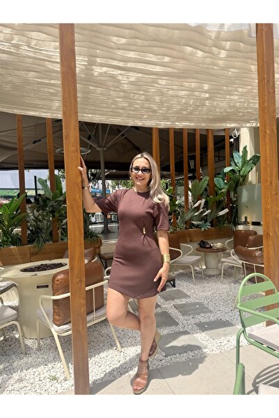 Gözde Tasarım Butik Women's Brown Crochet Collar Mini Short Dress