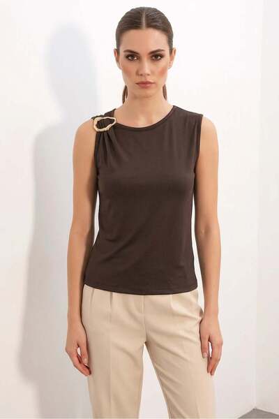 Generic Brand Women's Round Neck Gathered Detailed Basic Brown Blouse with Me...