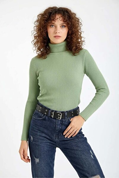 Generic Brand Women's Turtleneck Vertical Stitched Knitwear Green Sweater
