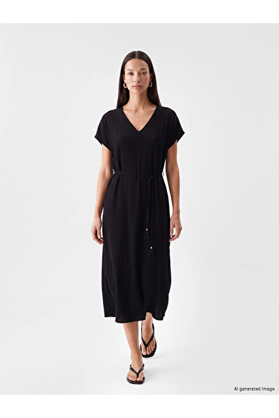 LC Waikiki Black V-Neck Belted A-Line Textured Dress