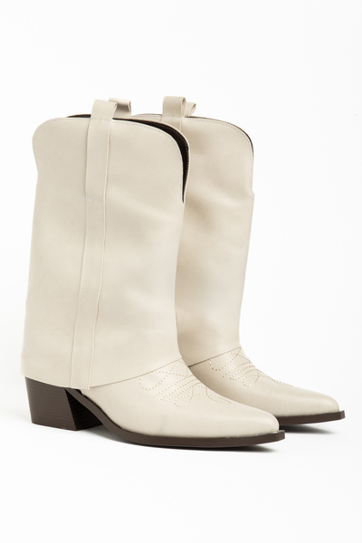 DENORA Beige Cream Matte Leather Trousers Flat Western Cowboy Boots