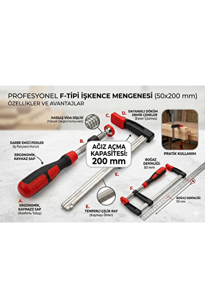 EMİRHANNALBUR Profesyonel F Tipi İşkence Mengenesi 50x200 mm - Ergonomik Sapl...