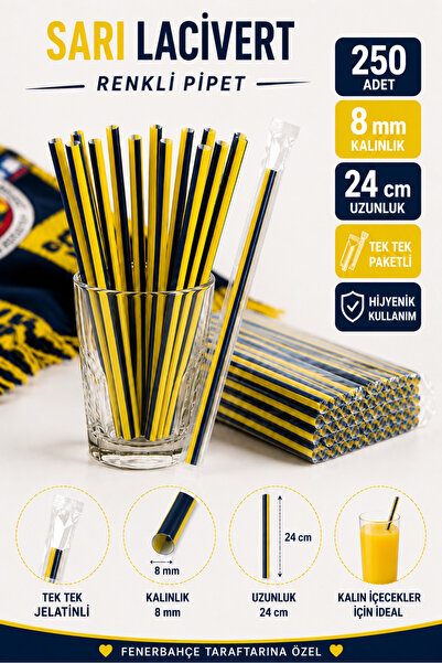 ardin Yellow Navy Blue Colored Straws 250 Pieces 8 mm 24 cm Individually Pack...