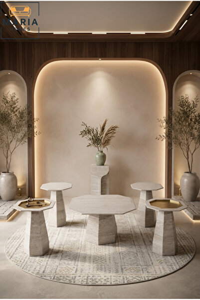 Maria Home طاولة وسط كبيرة ثمانية الأضلاع - سطح من حجر الترافرتين مع قاعدة هن...