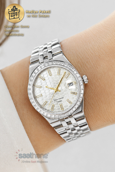 Saathane Stone Case Calendar Special Glass Dial Design Functional Women's Wri...