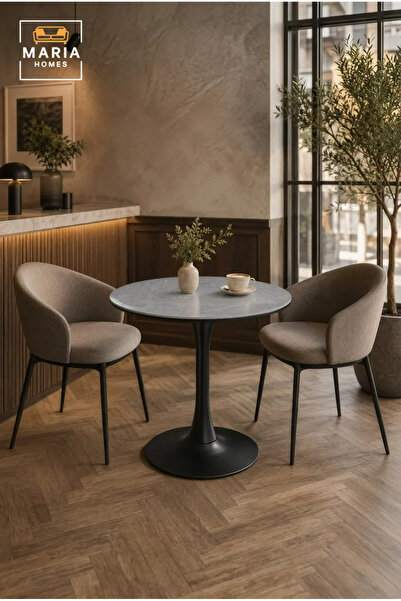 MARIA HOMES Modern Round Dining Table 70cm Grey Marble-Effect Top with Black ...