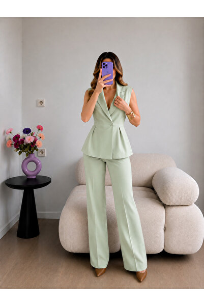 Ekim Store Bele Oturan Pileli Yelek Pantolon Blazer Takım