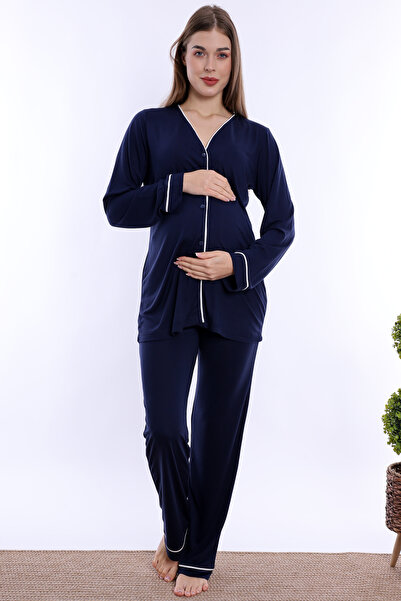 ByLohusa Adjustable Waist Detailed Maternity Pajama Set with Breastfeeding Fe...