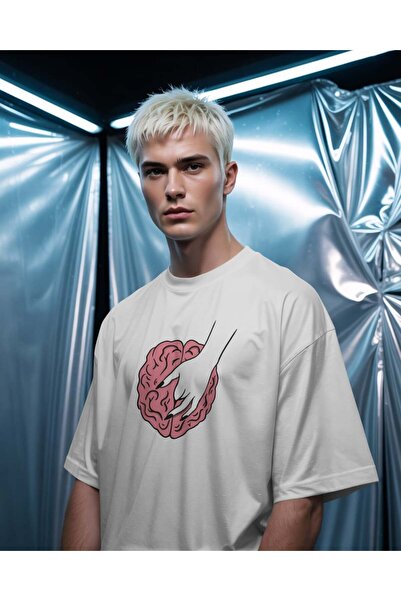 buzagi tasarım ürünleri Brain Unisex Oversize White T-Shirt