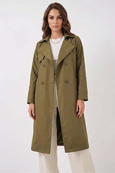 ALFA AKSESUAR 03 Women's Double Breasted Collar Belted Khaki Trench Coat