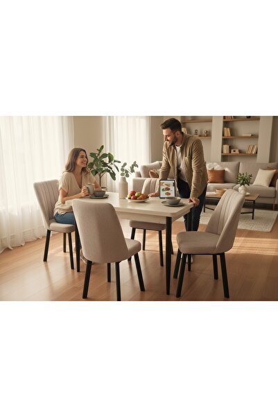 Efe Mobilya T-6027 TRAVERTEN 70X120 MDF KARE GOLD KREM SANDALYE 4 KİŞİLİK MUT...