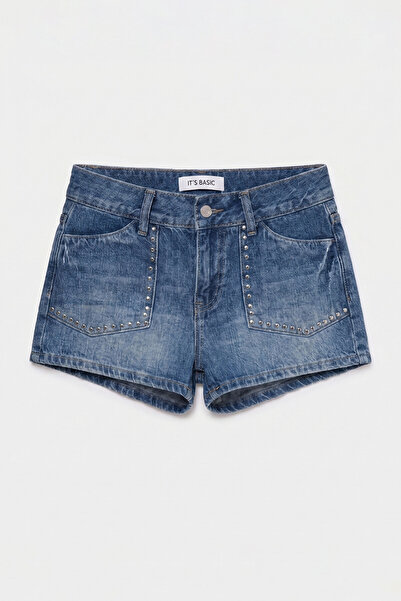 it's basic Women's Blue T-2S6-4 Drop Detailed Mini Special Design Denim Shorts