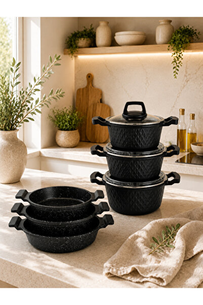 LAVONNI Obsidian Premium 9 Piece Cast Granite Pot and Pan Set 16-18-20 cm Dee...