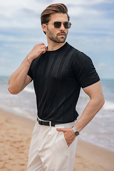 Madmext Black Vertical Striped Crew Neck Knitwear Men's T-Shirt E7505