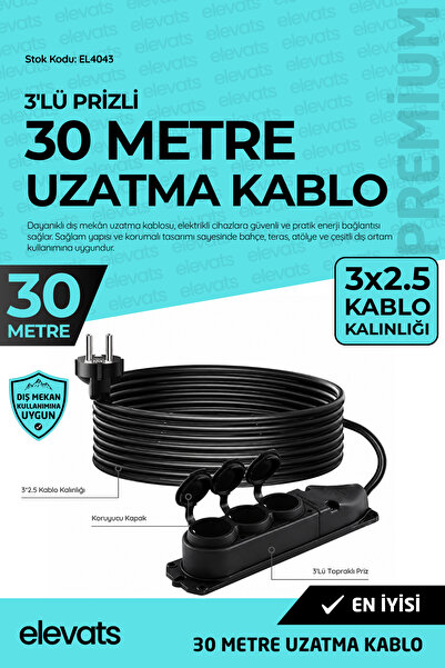 Elevats Premium Profesyonel 30 Mt. Dış Mekan Uzatma Kablosu | 3 Prizli | Kapa...