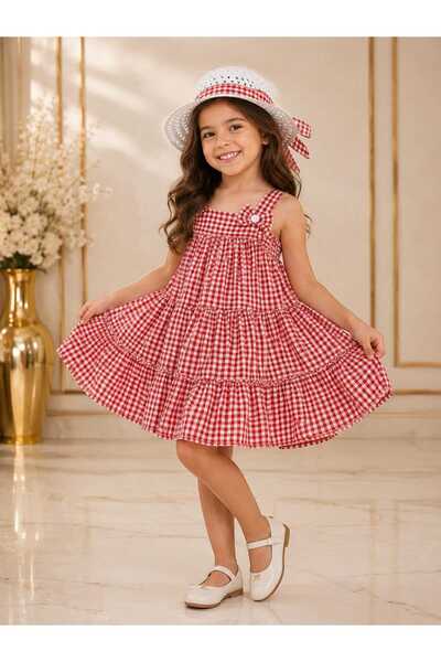 bubiee baby Girl's Red Gingham Straw Hat Strap Dress Set (Holiday/Summer)