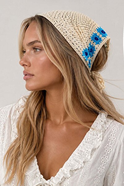 Trend Alaçatı Stili Ekru-Mavi Çiçek Motifli Bandana Alc-X15560