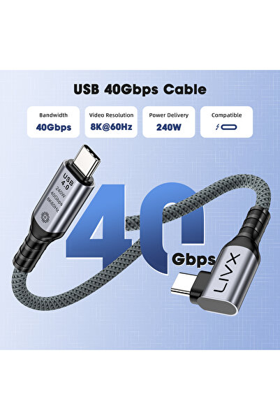 LivX USB4 Kablo 50cm 90 Derece USB-C to USB-C 40Gbps 240W PD 8K@60Hz Örgülü Dayanıklı Şarj ve Data Kablosu KLV-Y50