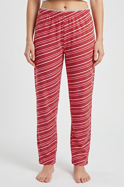 hadiora Kadın Kırmızı Pembe Çapraz Çizgili Bambu Pijama Alt