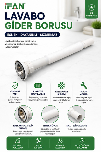 Dihamer Esnek Lavabo Gider Borusu + Hediye Lavabo Süzgeci