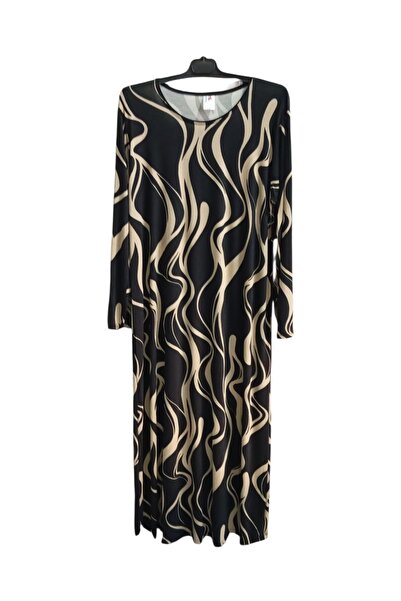 RAMAN Plus Size Black Beige Patterned Long Dress