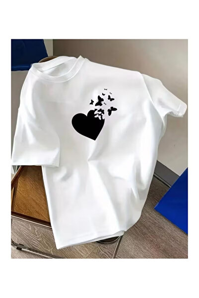 Massgai Tricou oversize unisex cu imprimeu fluturi și inimă, 100% bumbac