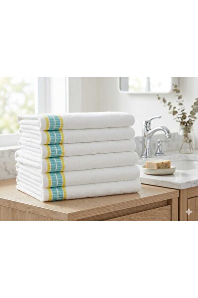 zakkiya White Cotton Bath Towel With Blue And Yellow Border