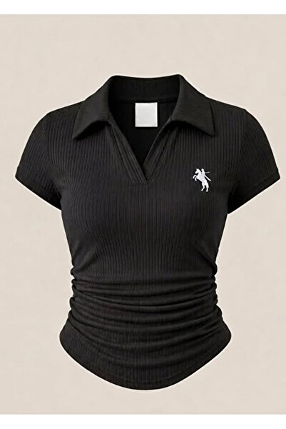 Violon Black Vintage Embroidery Detailed Draped Polo Collar Lycra Blouse