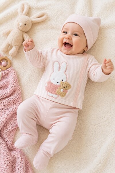 Pure Boutique Set bebelusi 3 piese din bumbac cu caciulita, compleu roz cu ie...