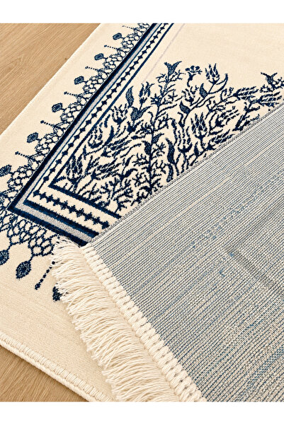 Pamuklife Luxurious Velvet Woven Prayer Rug with Soft Texture and Fringed Mihrab Pattern, Navy Blue