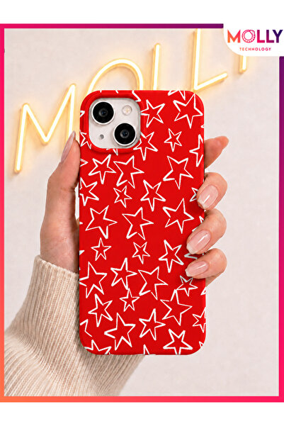 Molly iPhone 13 / 14 İçin Kırmızı Yıldız Eskizi Desenli İçi Kadife Silikon Kılıf