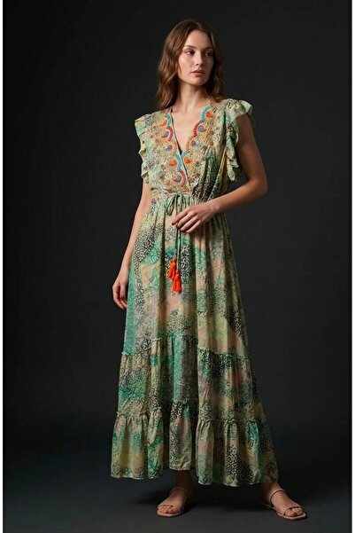 moda gk Shiny Patterned Bohemian Imported Silk Dress with Bead/Embroidery Detail