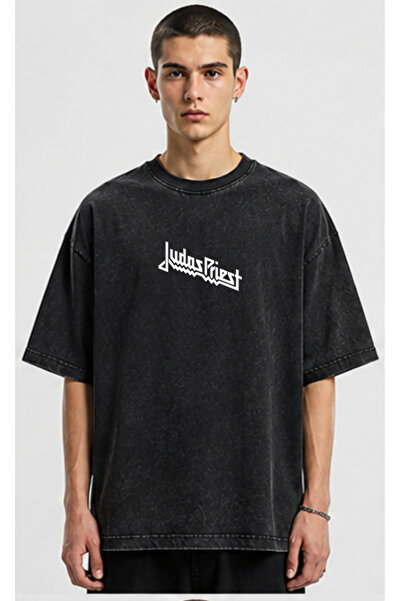 OPPPSSS Judas Priest Oversize Washed Vintage Black T-Shirt Front and Back Pri...